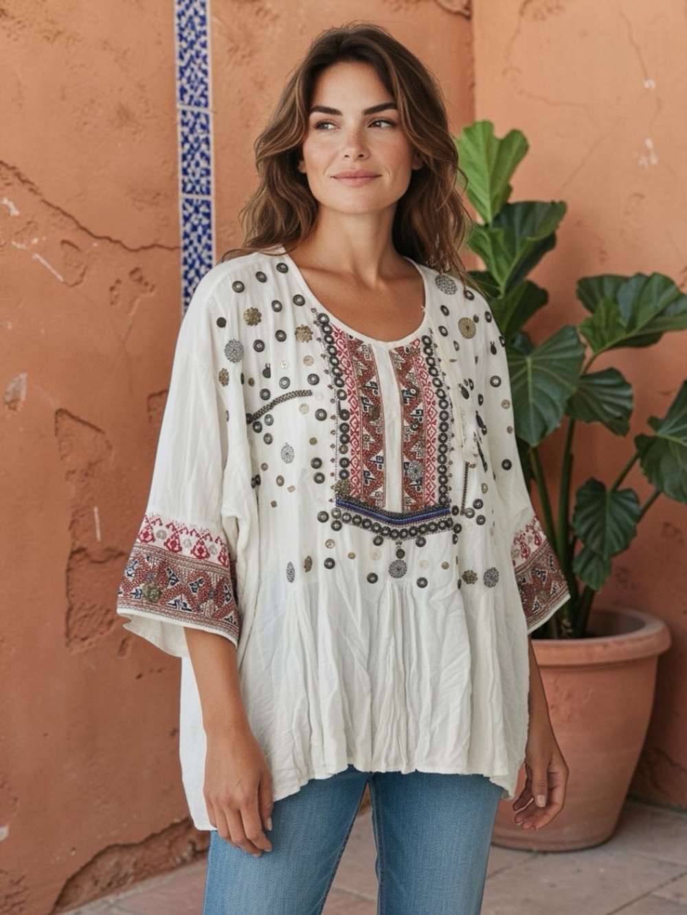 Embroidered NEWBoho White Peasant Top with Mixed Color beads OS by Mes Demoisell